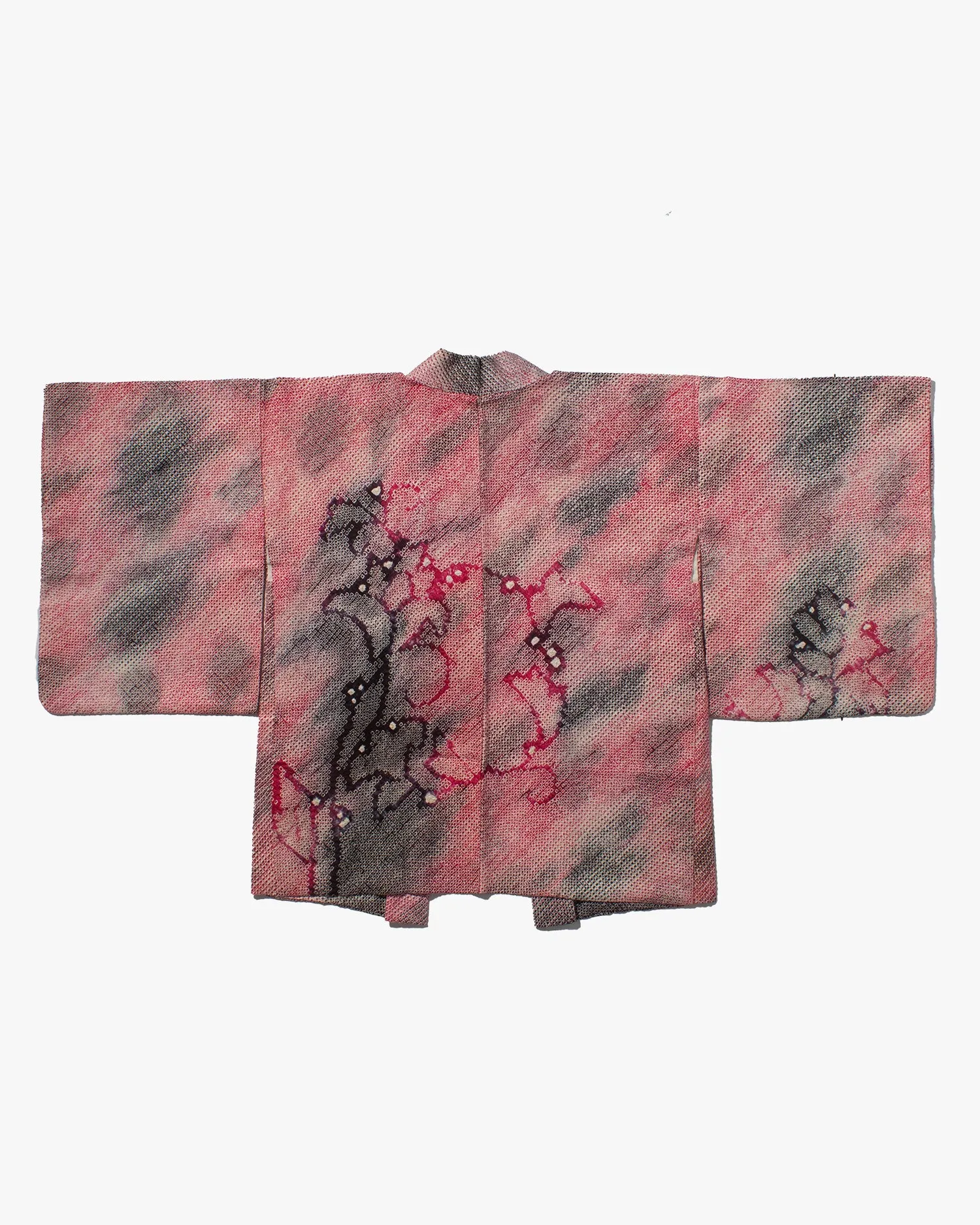 Vintage Haori Jacket, Full Shibori, Black and Red Gradient with Flowers