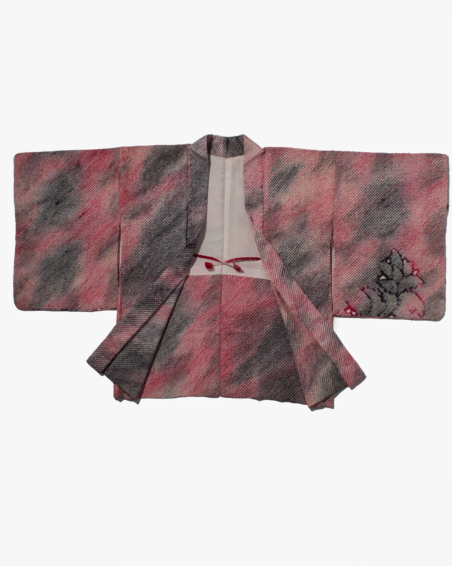 Vintage Haori Jacket, Full Shibori, Black and Red Gradient with Flowers