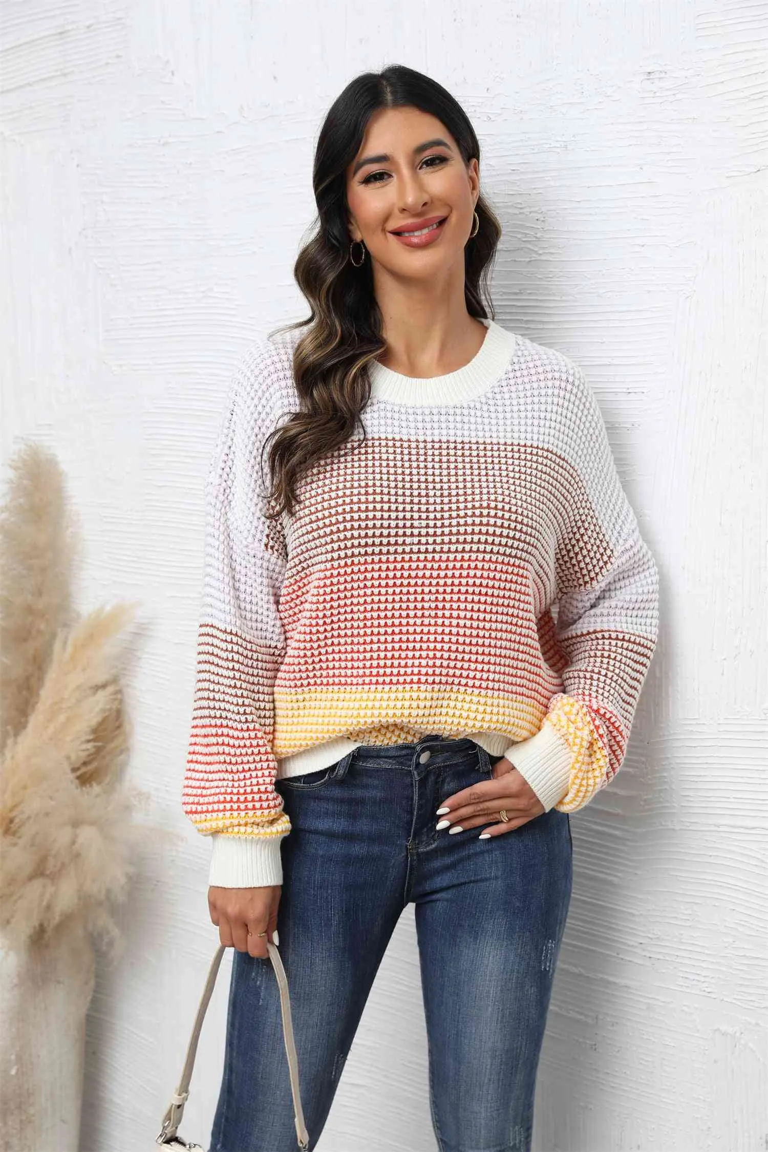 Waffle-Knit Round Neck Dropped Shoulder Color Block Sweater