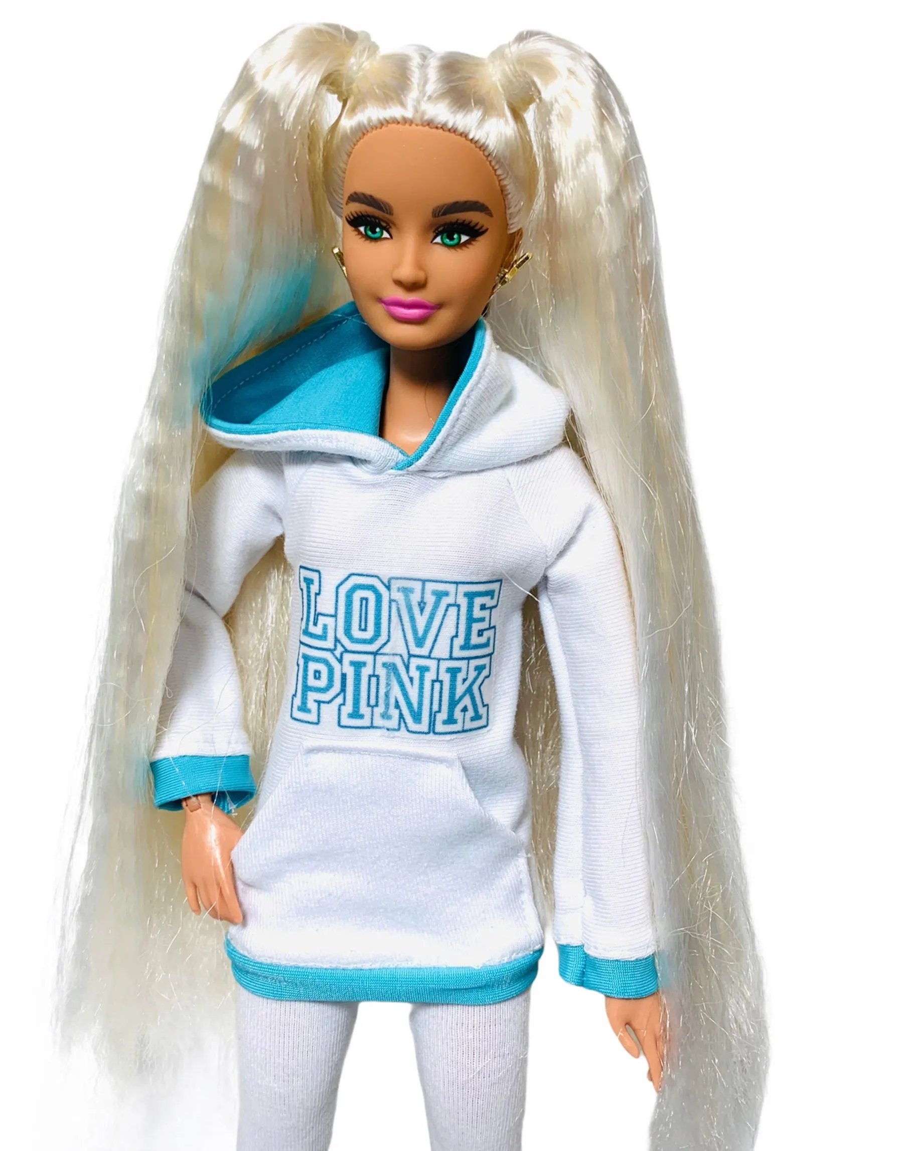 White and blue hoodie with matching “LOVE PINK” leggings