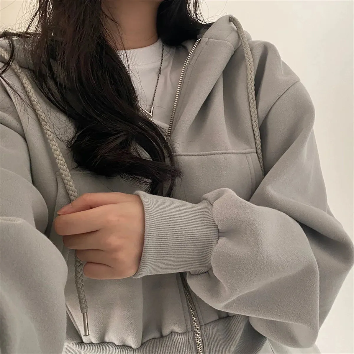 Women Casual Hoodies Autumn Retro Solid Color Zip Up Oversized Sweatshirts Harajuku Long Sleeve Hooded Loose Short Jackets Coat