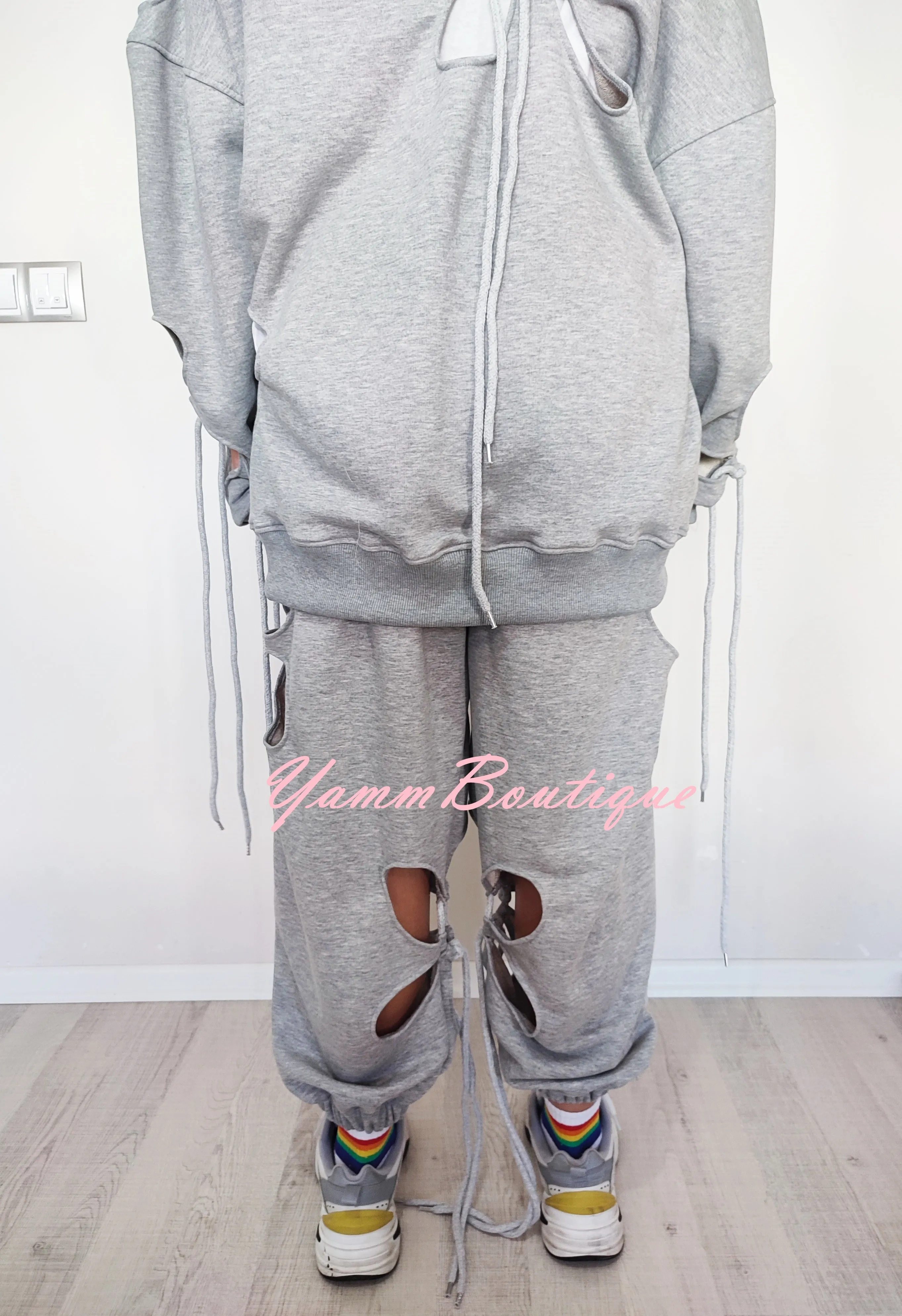 Women Hollow Floral Cut Asymmetric Tracksuit Hoodie and Jogger / Plus Size-BB156