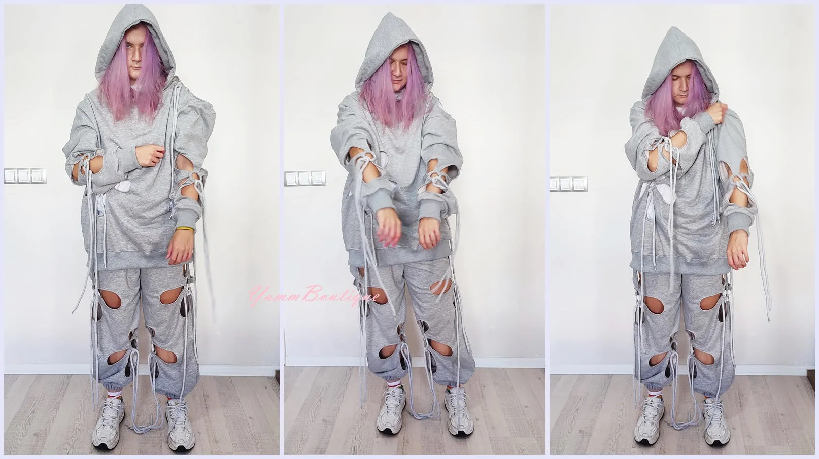 Women Hollow Floral Cut Asymmetric Tracksuit Hoodie and Jogger / Plus Size-BB156