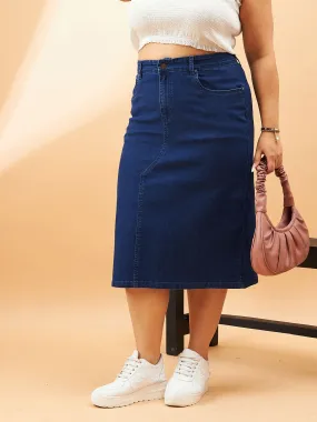 Women Navy Denim Acid Wash A-Line Skirt