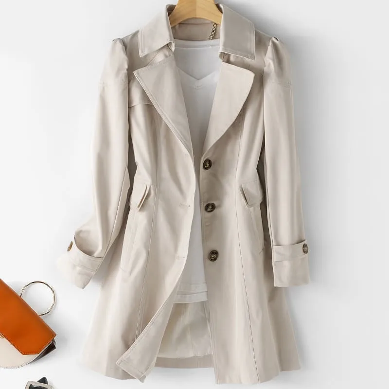 Women Trench Coat Solid Pocket Single-Breasted Mid Long Casual Jacket