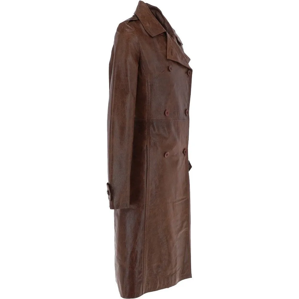 Women's 3-4 Double Breasted Mid Brown Leather Trench Long Overcoat