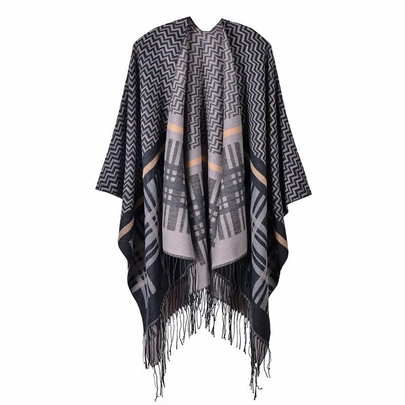 Women's cross wavy pattern geometry classic cashmere shawl with enlarged and thickened cloak street