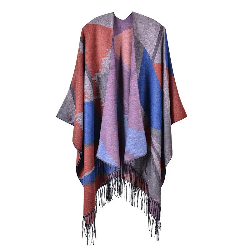 Women's cross wavy pattern geometry classic cashmere shawl with enlarged and thickened cloak street