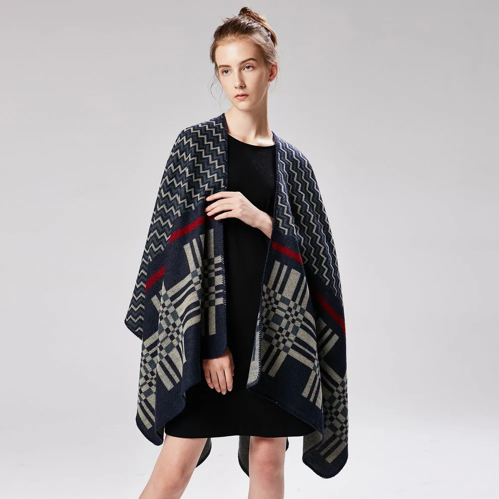 Women's cross wavy pattern geometry classic cashmere shawl with enlarged and thickened cloak street