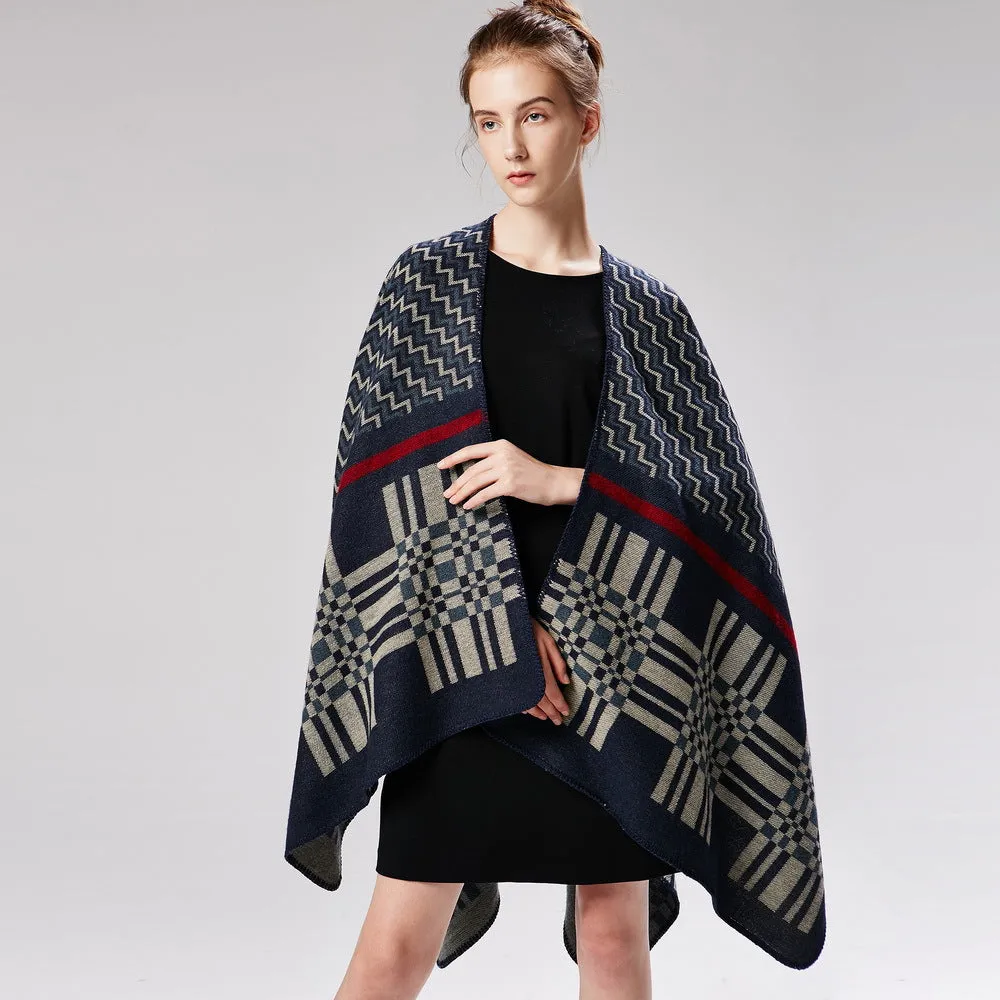 Women's cross wavy pattern geometry classic cashmere shawl with enlarged and thickened cloak street