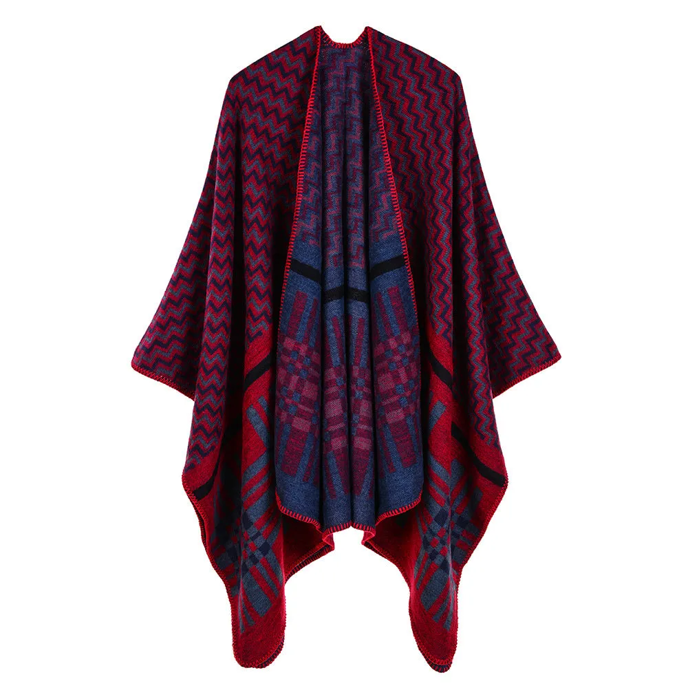 Women's cross wavy pattern geometry classic cashmere shawl with enlarged and thickened cloak street