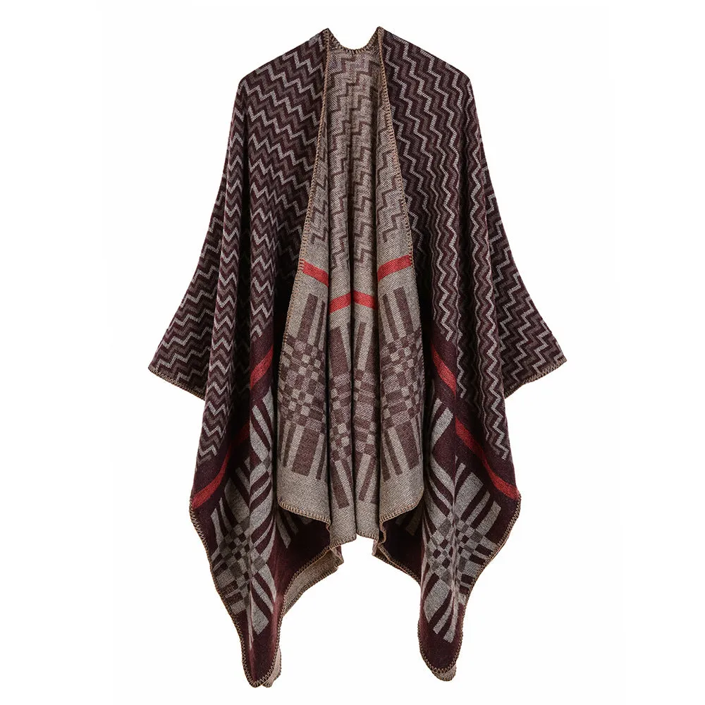 Women's cross wavy pattern geometry classic cashmere shawl with enlarged and thickened cloak street