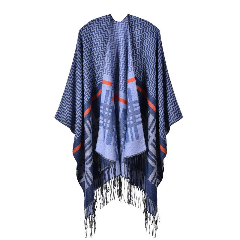 Women's cross wavy pattern geometry classic cashmere shawl with enlarged and thickened cloak street