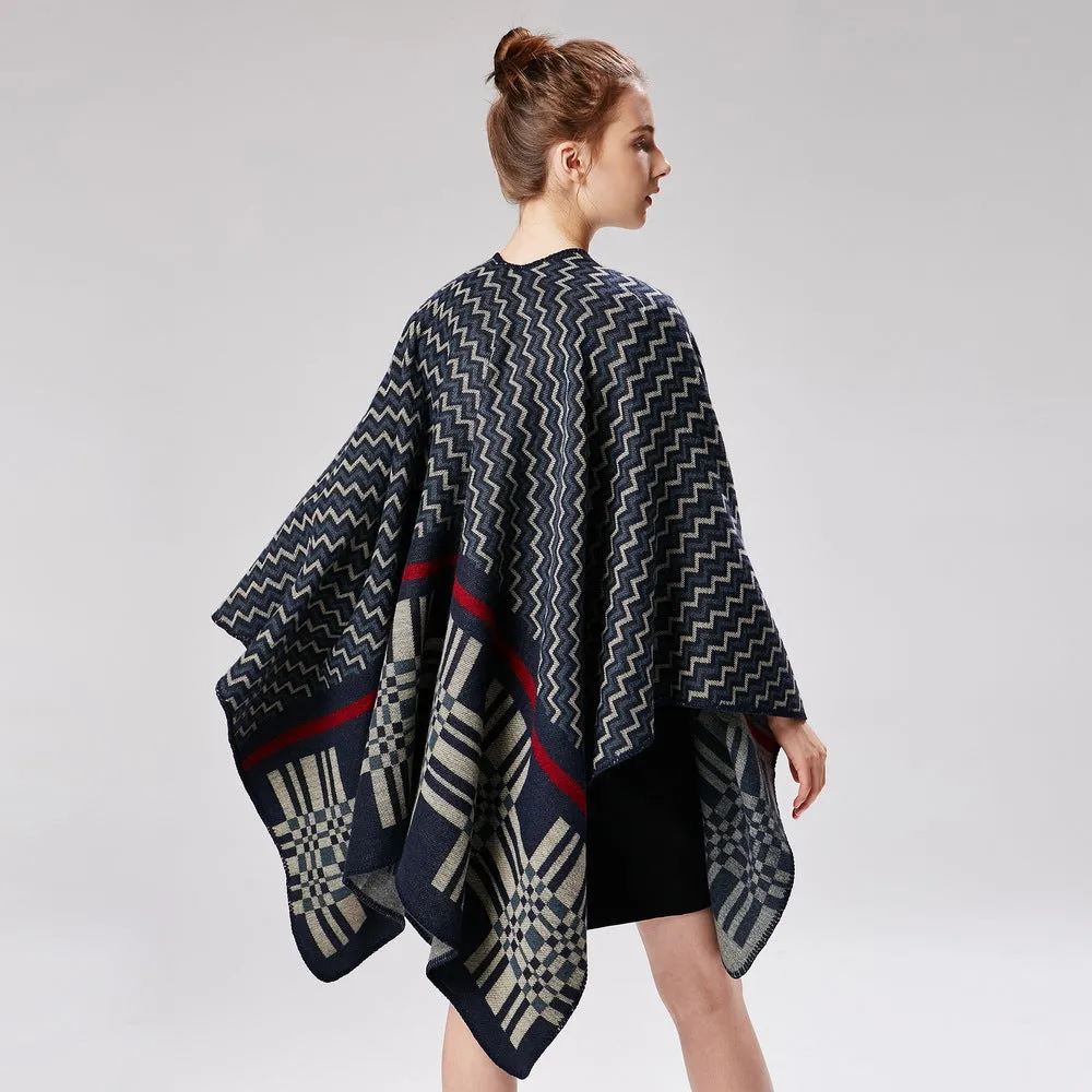 Women's cross wavy pattern geometry classic cashmere shawl with enlarged and thickened cloak street