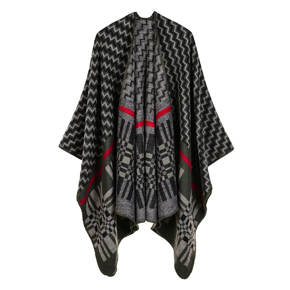 Women's cross wavy pattern geometry classic cashmere shawl with enlarged and thickened cloak street