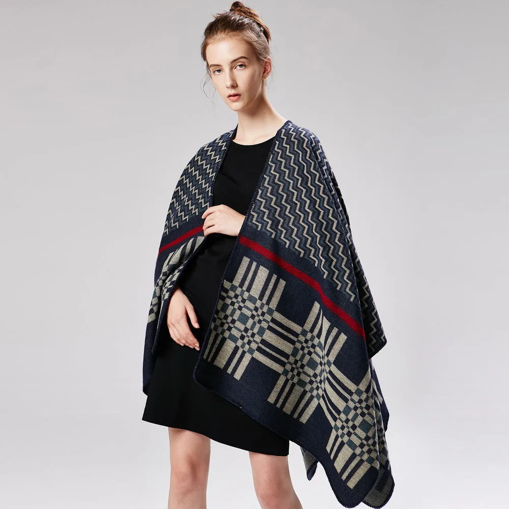 Women's cross wavy pattern geometry classic cashmere shawl with enlarged and thickened cloak street