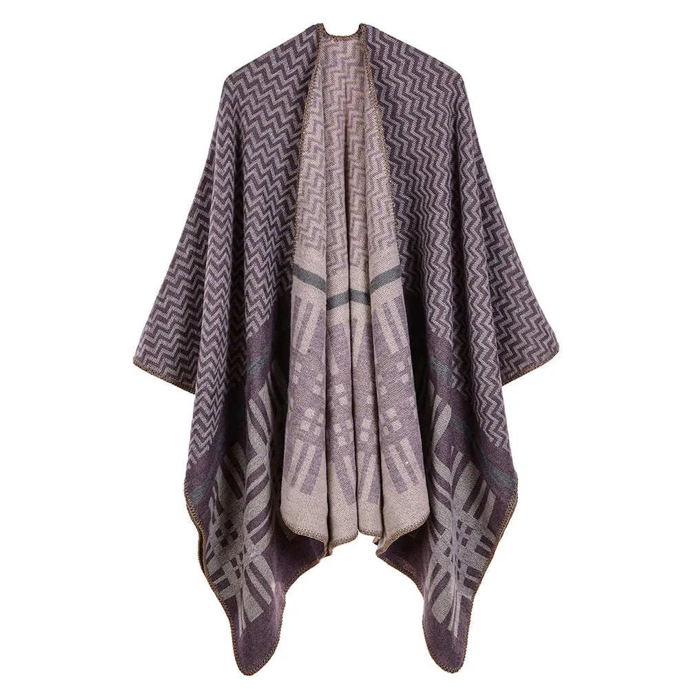 Women's cross wavy pattern geometry classic cashmere shawl with enlarged and thickened cloak street