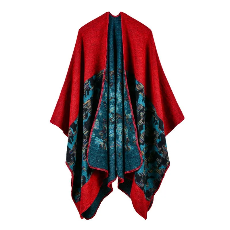 Women's fashion camouflage cashmere imitation split lengthened thick cape cape