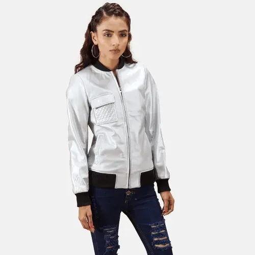 Womens Lana Silver Leather Bomber Jacket