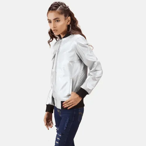 Womens Lana Silver Leather Bomber Jacket