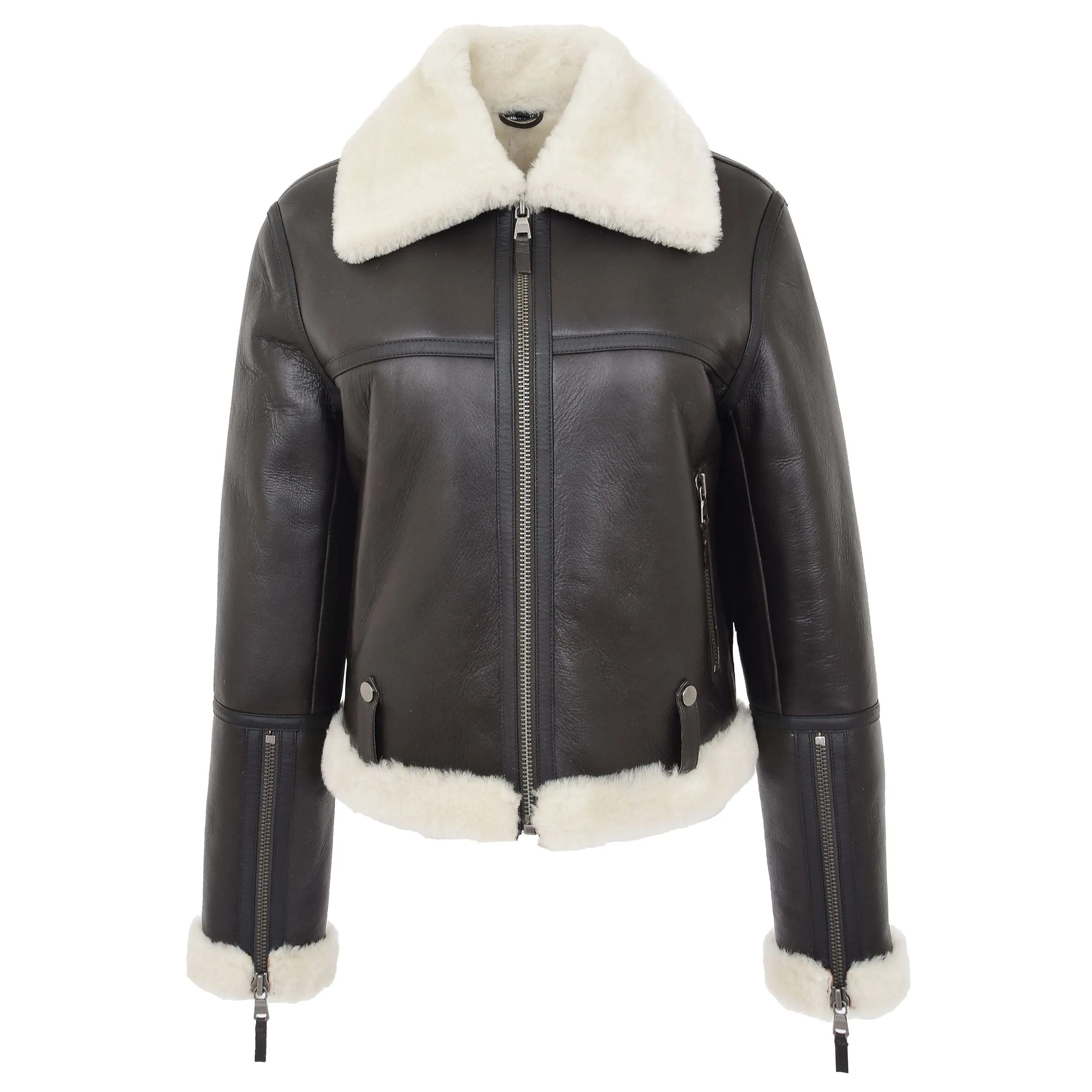 Womens Luxurious Brown Genuine Sheepskin Flying Jacket White Shearling Harriet