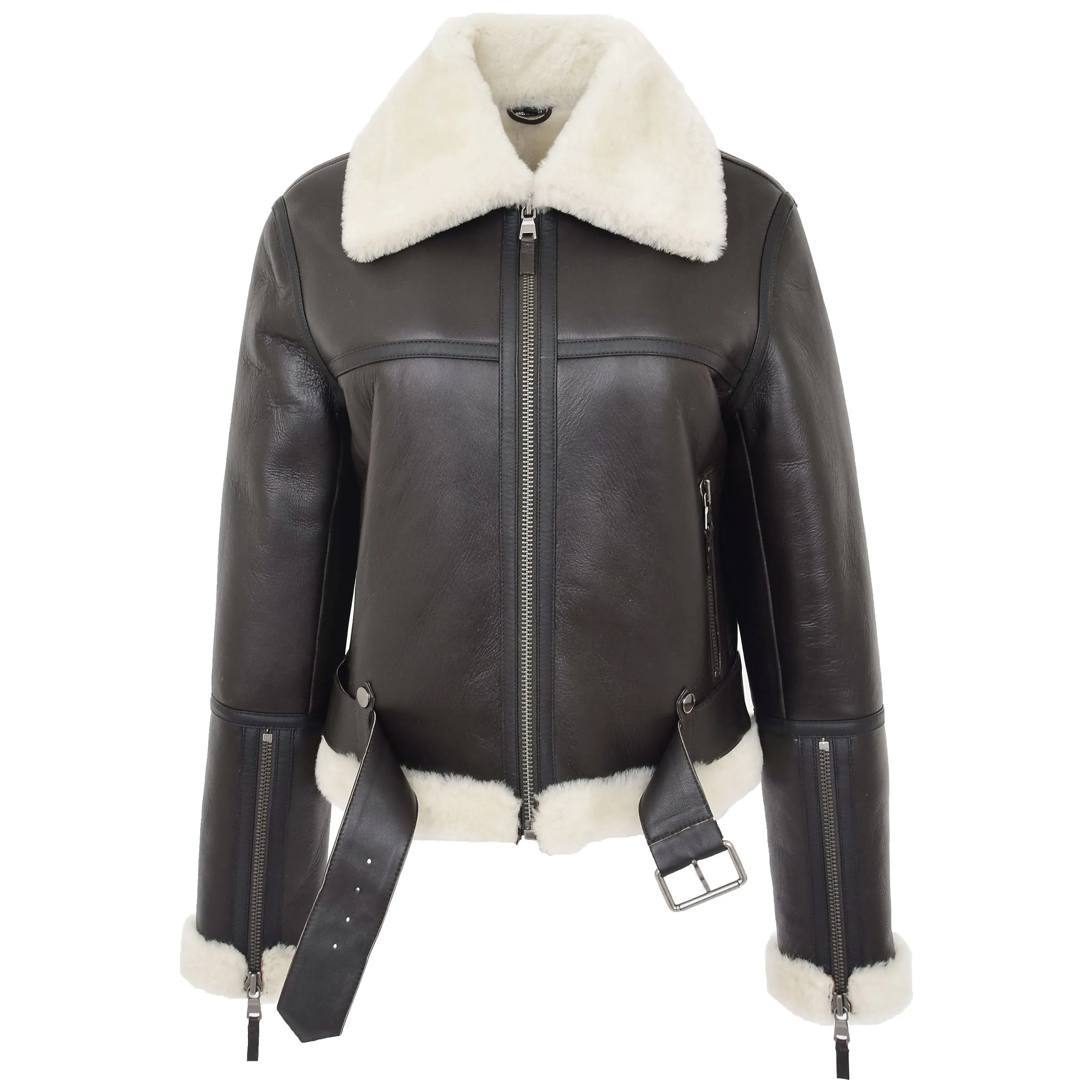 Womens Luxurious Brown Genuine Sheepskin Flying Jacket White Shearling Harriet