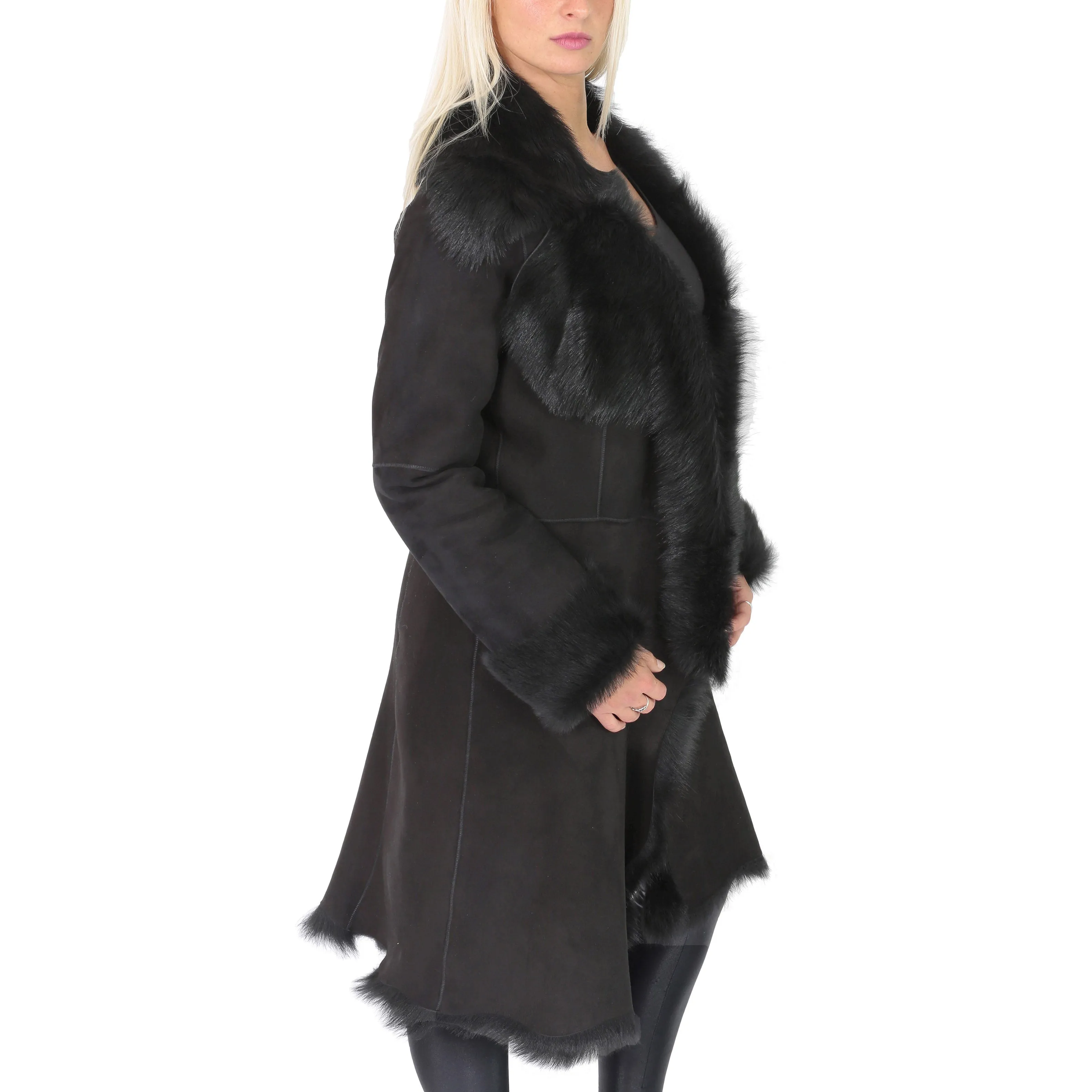 Womens Luxurious Toscana Long Coat Real Sheepskin Pamela Black