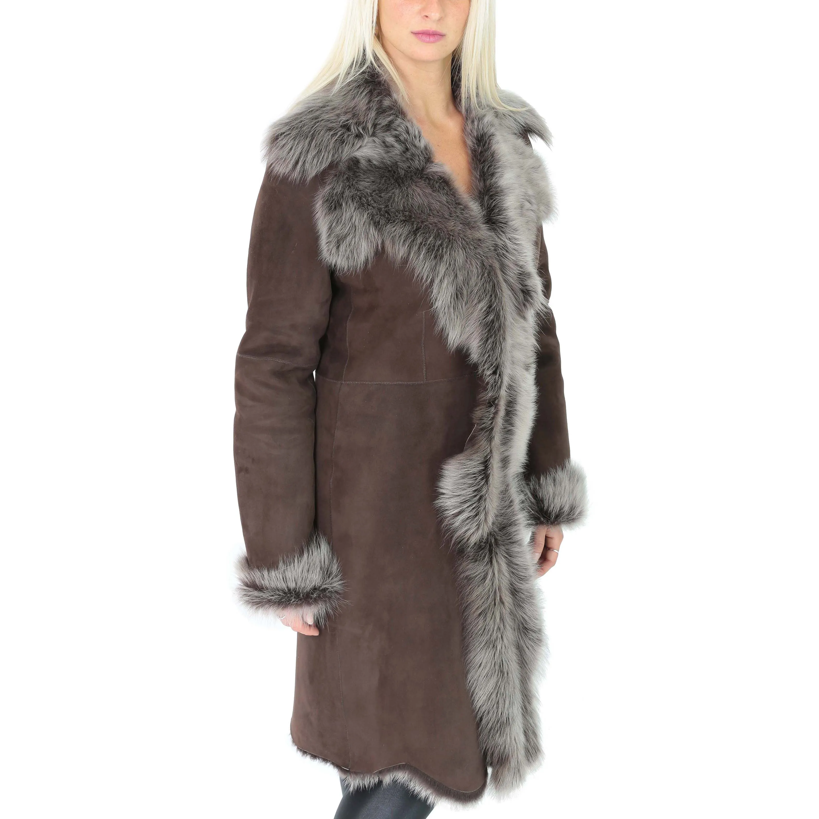 Womens Luxurious Toscana Long Coat Real Sheepskin Pamela Brown