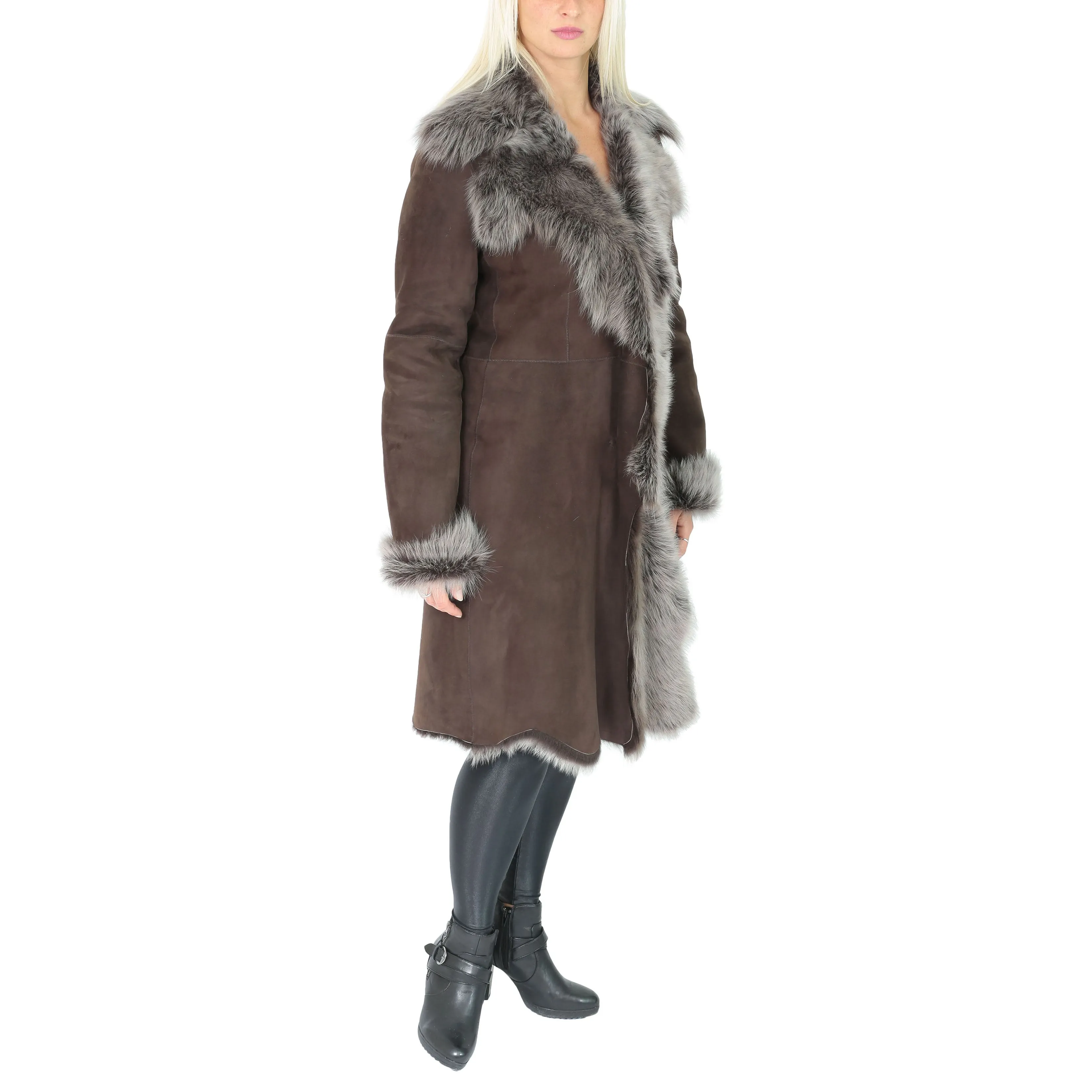 Womens Luxurious Toscana Long Coat Real Sheepskin Pamela Brown