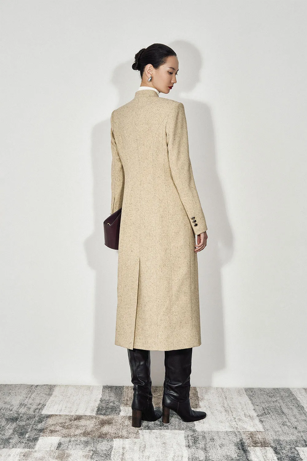 Zahara Straight Square Shoulder Wool Blend Calf Length Trench Coat